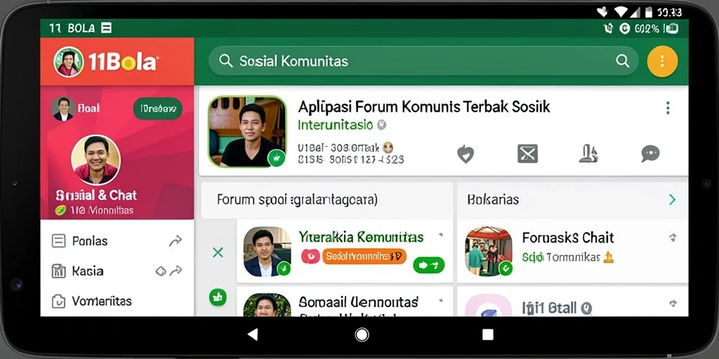 Antarmuka aplikasi Forum Komunitas 11BOLA yang interaktif dan menarik.