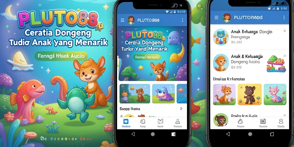 Antarmuka PLUTO88 yang menarik dan ramah anak untuk mendengarkan dongeng audio.